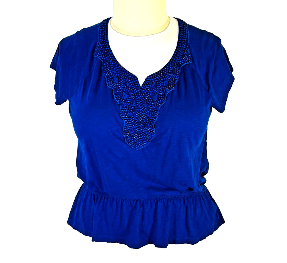 Chico's Women's L Blouse Blue Beaded VNeck 100% Cotton Gathered Ruffle Waist